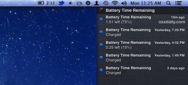 La duración restante de la batería se muestra como alertas en el Centro de notificaciones en Mac OS X.