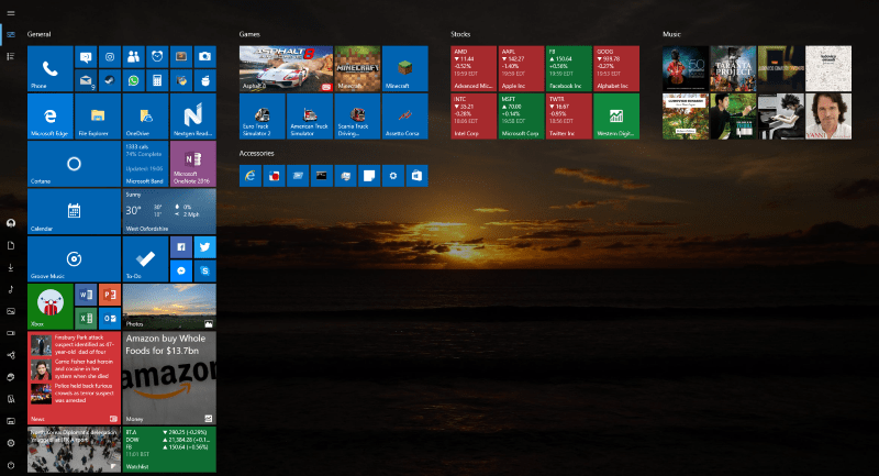 Captura de pantalla del menú de inicio de pantalla completa de Windows 10