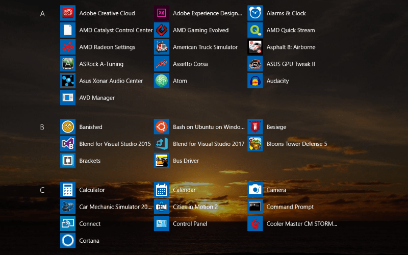 Captura de pantalla del menú Todas las aplicaciones de pantalla completa de Windows 10