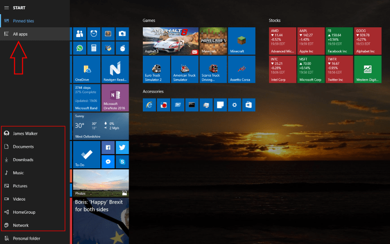 Captura de pantalla de los enlaces de la carpeta de inicio de pantalla completa de Windows 10