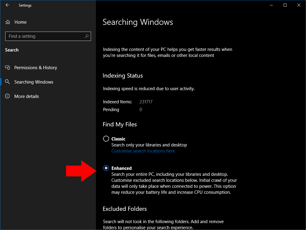 Configuración de búsqueda mejorada en Windows 10