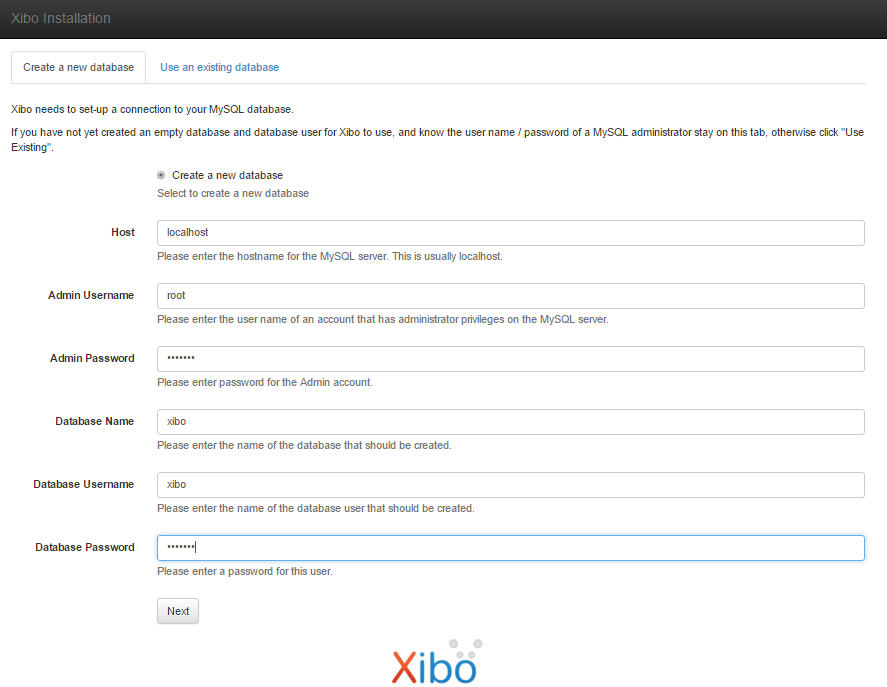 Configuración de Xibo DB