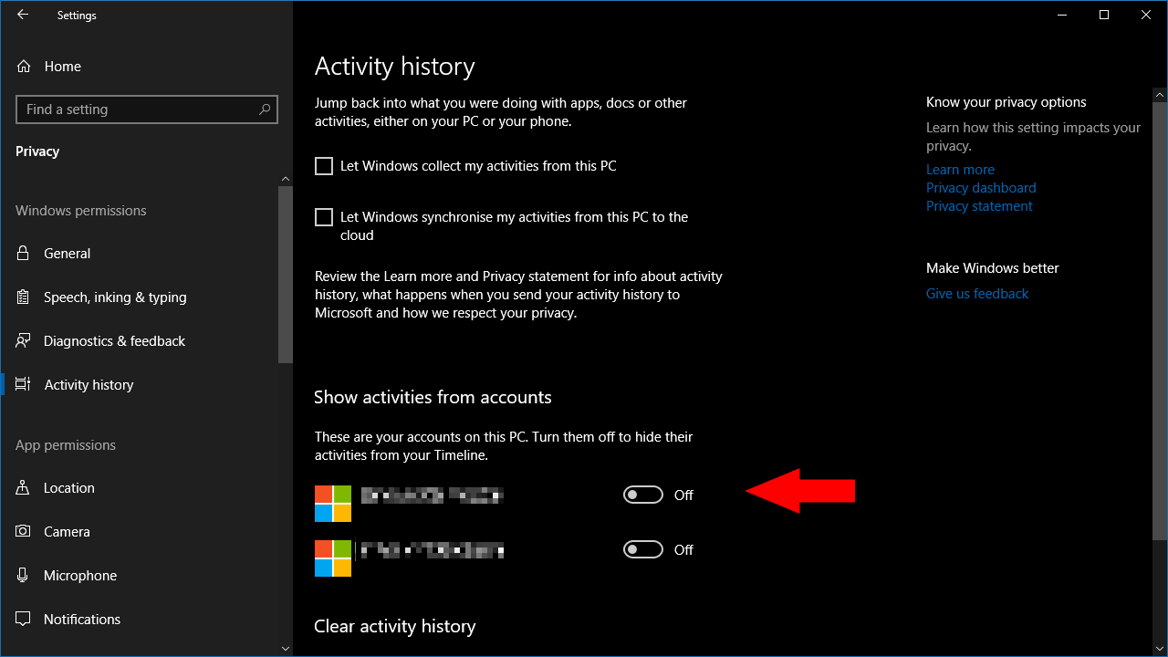 Captura de pantalla de la configuración del historial de actividades de Windows 10