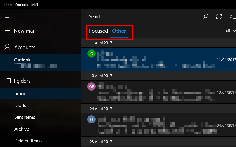Captura de pantalla que muestra la bandeja de entrada enfocada en Outlook en Mail para Windows 10