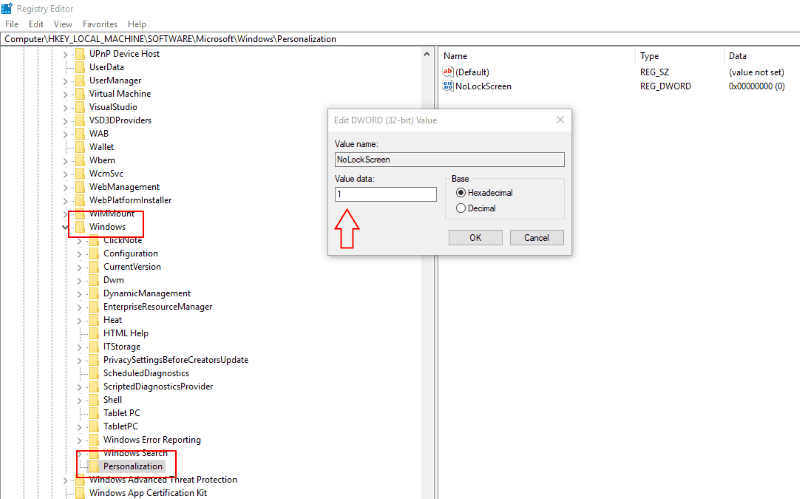 Captura de pantalla de la configuración del registro de Windows 10 para deshabilitar la pantalla de bloqueo