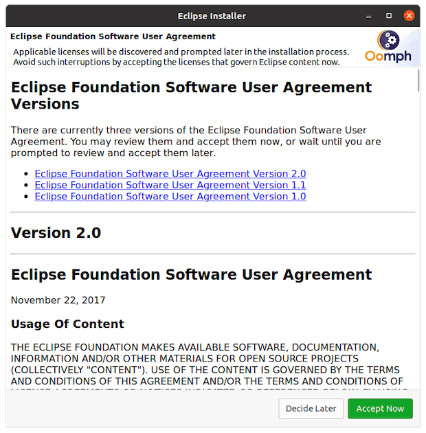 Acuerdo de usuario del software Eclipse