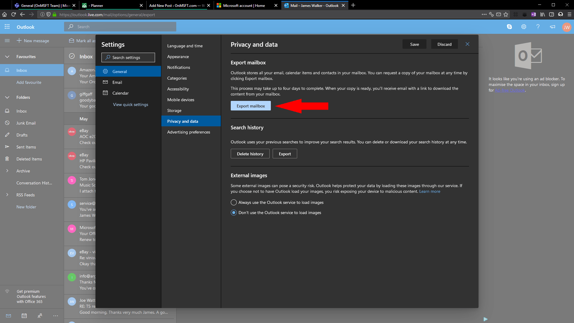 Captura de pantalla de la exportación de correo electrónico desde Outlook.com