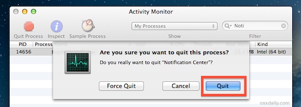Reinicie el Centro de notificaciones en Mac OS X.