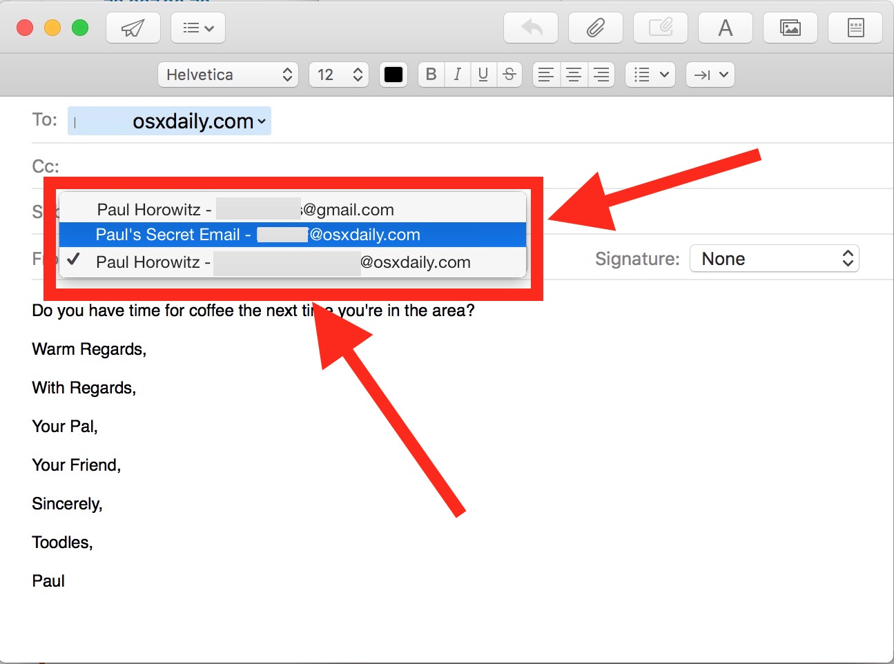 Cambiar la dirección de correo electrónico enviada por correo electrónico a su Mac