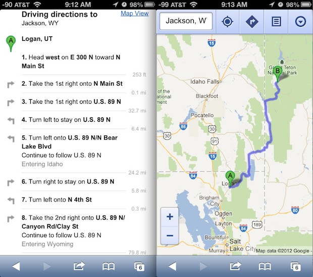 Direcciones de Google Maps desde la aplicación web en iOS 6 en iPhone 5