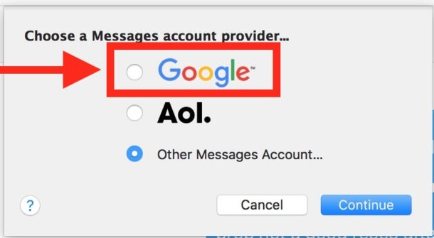 Elija Google como su cuenta de mensajes para Mac