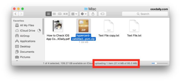 La barra de estado muestra detalles sobre las cargas de iCloud Drive