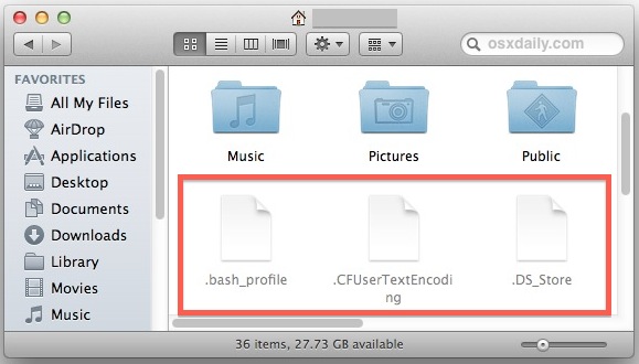Los archivos ocultos se muestran en Mac OS X. 
