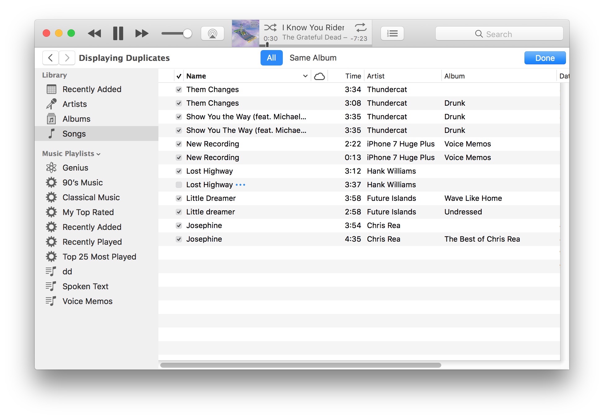 Lista de canciones potencialmente duplicadas encontradas en iTunes