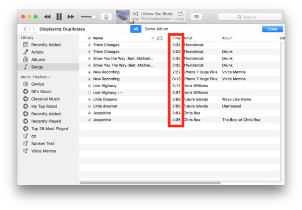 Utilice la columna Tiempo para determinar si una canción es realmente la misma o no en la lista de búsqueda duplicada de iTunes.