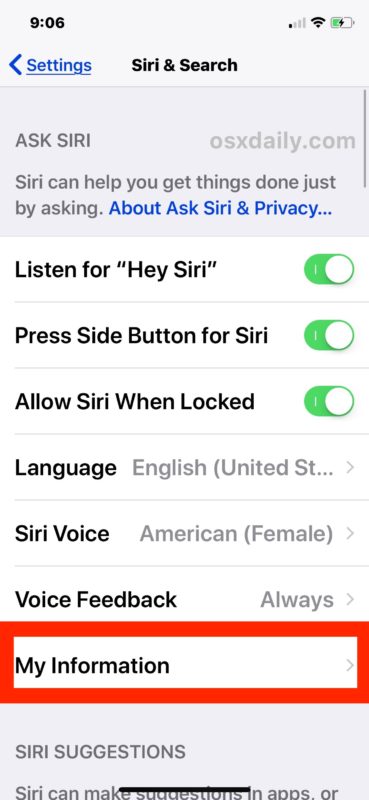 Configurar mi información de Siri en iOS