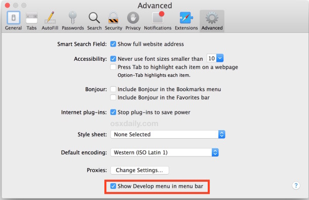Habilitar el menú de Desarrollo de Safari permite a los usuarios borrar manualmente y borrar cachés en OS X