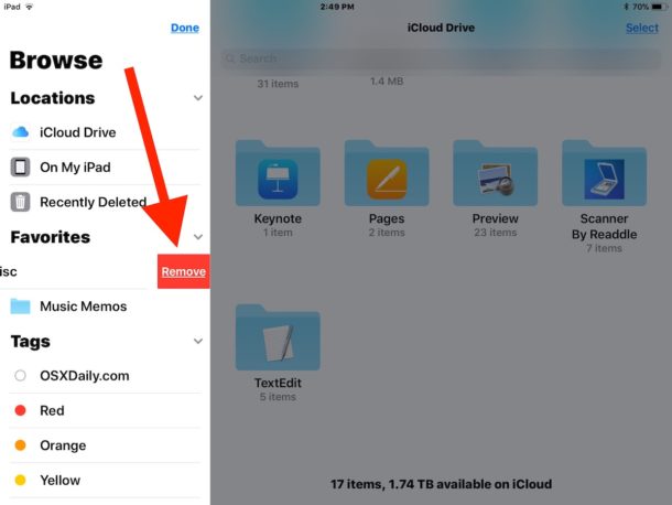 Elimine la carpeta de la lista de Preferencias en la aplicación Archivos de iOS