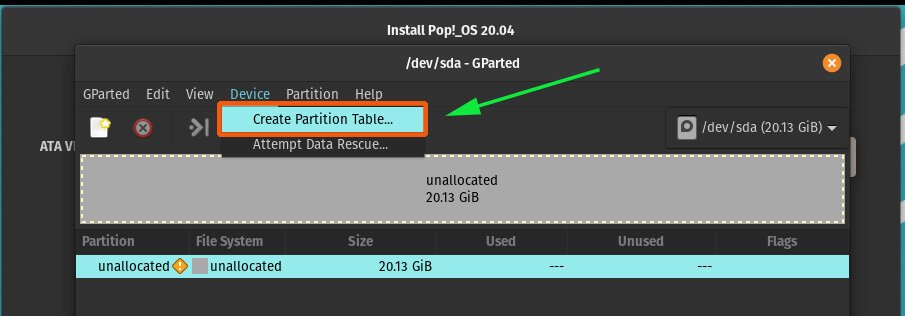 Crea una tabla de particiones POP!  OS 20.04