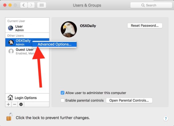 Elija Opciones avanzadas para cambiar el nombre completo del usuario en Mac OS