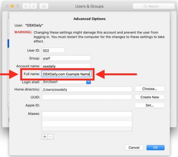 Cambiar el nombre de usuario de la cuenta de usuario en Mac OS