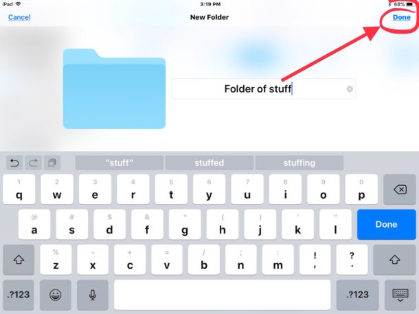 Nombre y cree la nueva carpeta en la aplicación Archivos de iOS