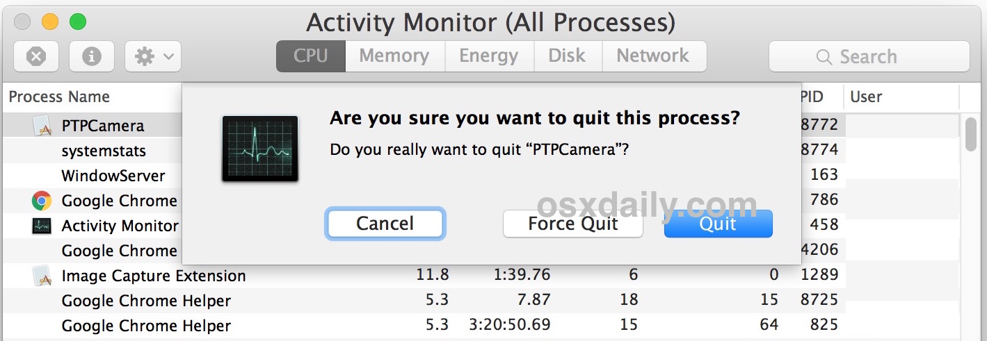 Mata el proceso PTPCamera en Mac
