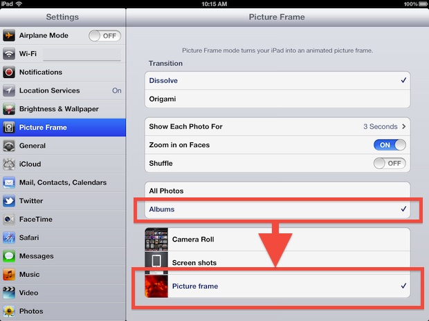 Seleccione el álbum de iPad