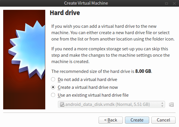 Creación de disco duro virtual