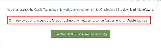 Acepte el acuerdo para descargar el instalador de Oracle JDK