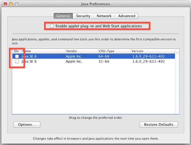 Desactive Java en Mac OS X.