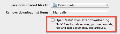 Deshabilitar Abrir archivos seguros después de descargar