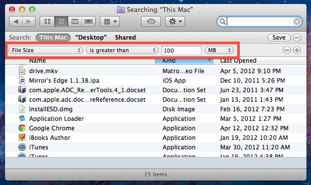 Encuentra archivos grandes en Mac OS X con la función de búsqueda