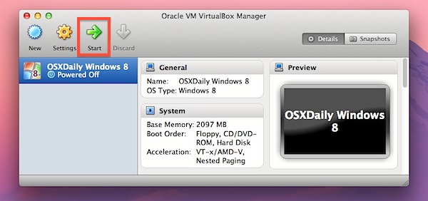 Inicie VirtualBox VM con Windows 8