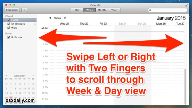 Navegue rápidamente por la vista de semana y día en la aplicación Calendario para Mac OS X.