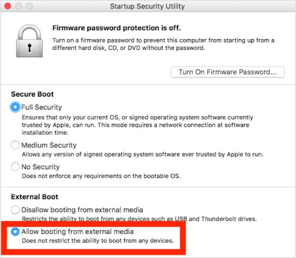 Utilidad de seguridad de inicio que permite iniciar desde medios externos en su Mac
