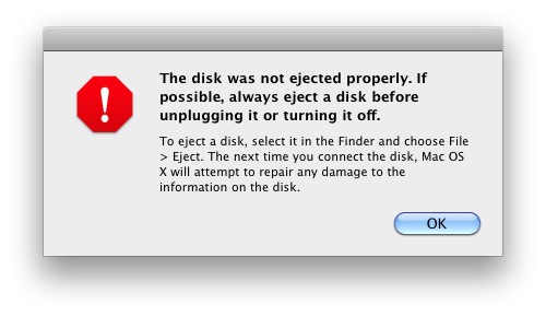 Error de disco no expulsado en Mac OSX con instrucciones sobre cómo quitar hardware de forma segura