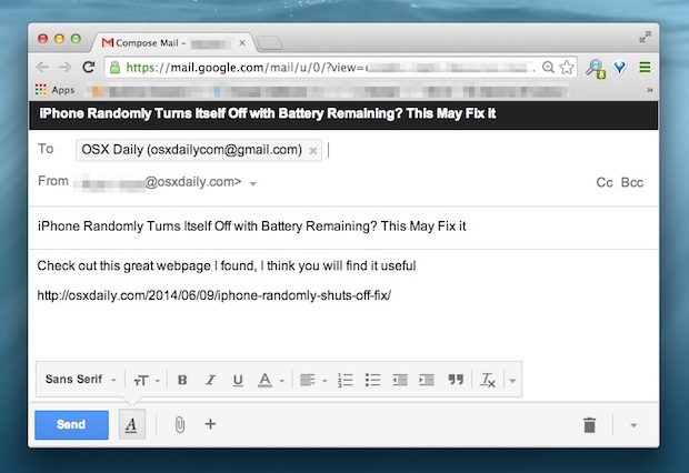 Envíe por correo electrónico la URL de una página web de Safari o Chrome con un atajo de teclado