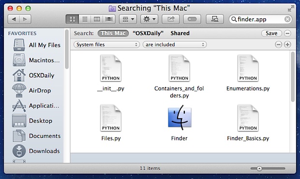 Las búsquedas incluyen archivos de sistema en Mac OS X.