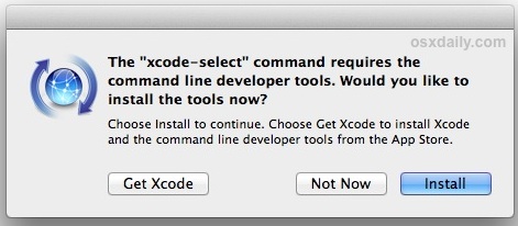 Confirme la instalación de las herramientas de línea de comandos en Mac OS X.