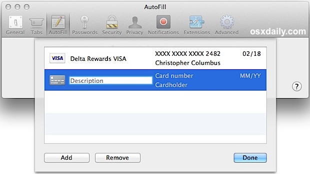 Safari agregando información de la tarjeta de crédito a iCloud Keychain Autocomplete
