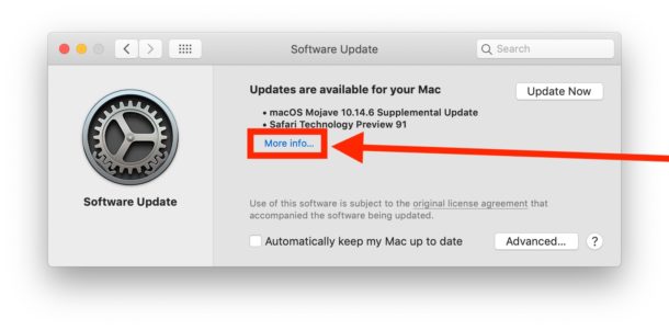Haga clic en Más información para instalar actualizaciones de software específicas solo en su Mac