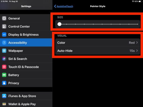 Cómo configurar el tamaño y el color del indicador en el mouse del iPad