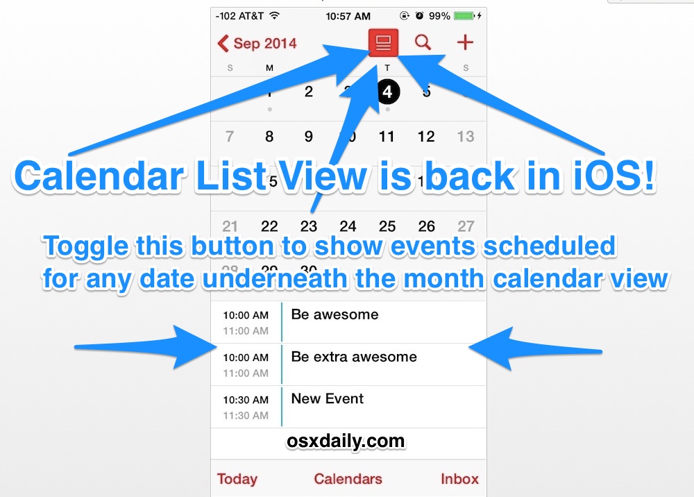 Ver la vista de Lista de calendario en la aplicación Calendario de iOS