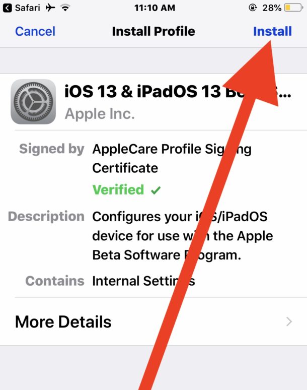 Instalar el perfil de configuración beta pública de iOS 13