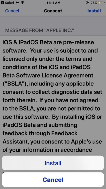 Acepte los términos de la licencia beta para iOS 13 para instalar el perfil