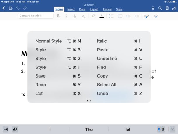 Atajos de teclado de Microsoft Word para iPad