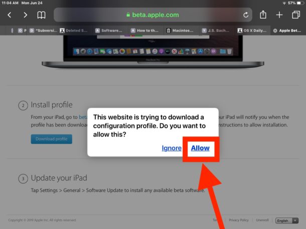 Habilitar el perfil de configuración beta de iPadOS