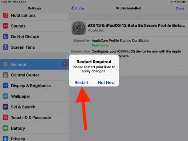 Reinicie para completar la instalación del perfil beta de iPadOS