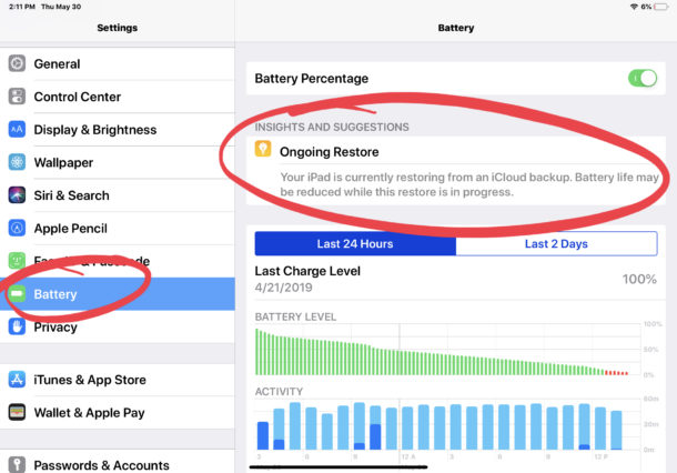 Restaurar Restaurar la duración de la batería en iPad 
